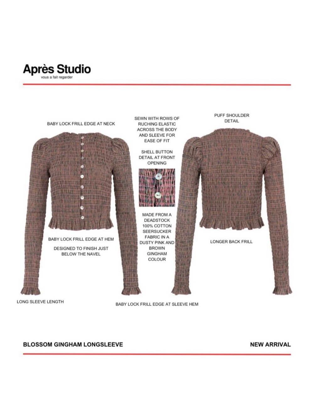 Après Studio Blossom Gingham Long Sleeve Top Smocked Plaid Neutral Multicolor - Picture 2 of 13